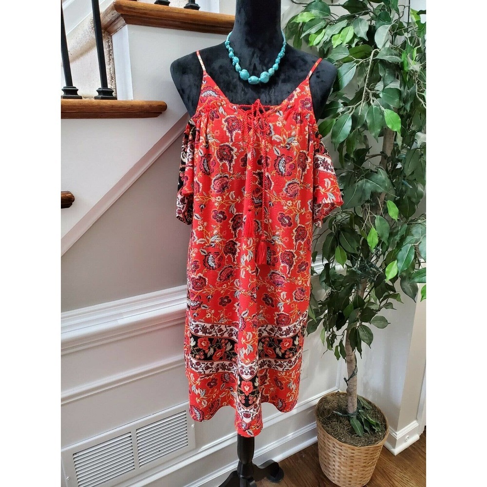 Xhilaration Women Red Polyester Cold Shoulder Sleeve V-Neck Knee Length Dress L